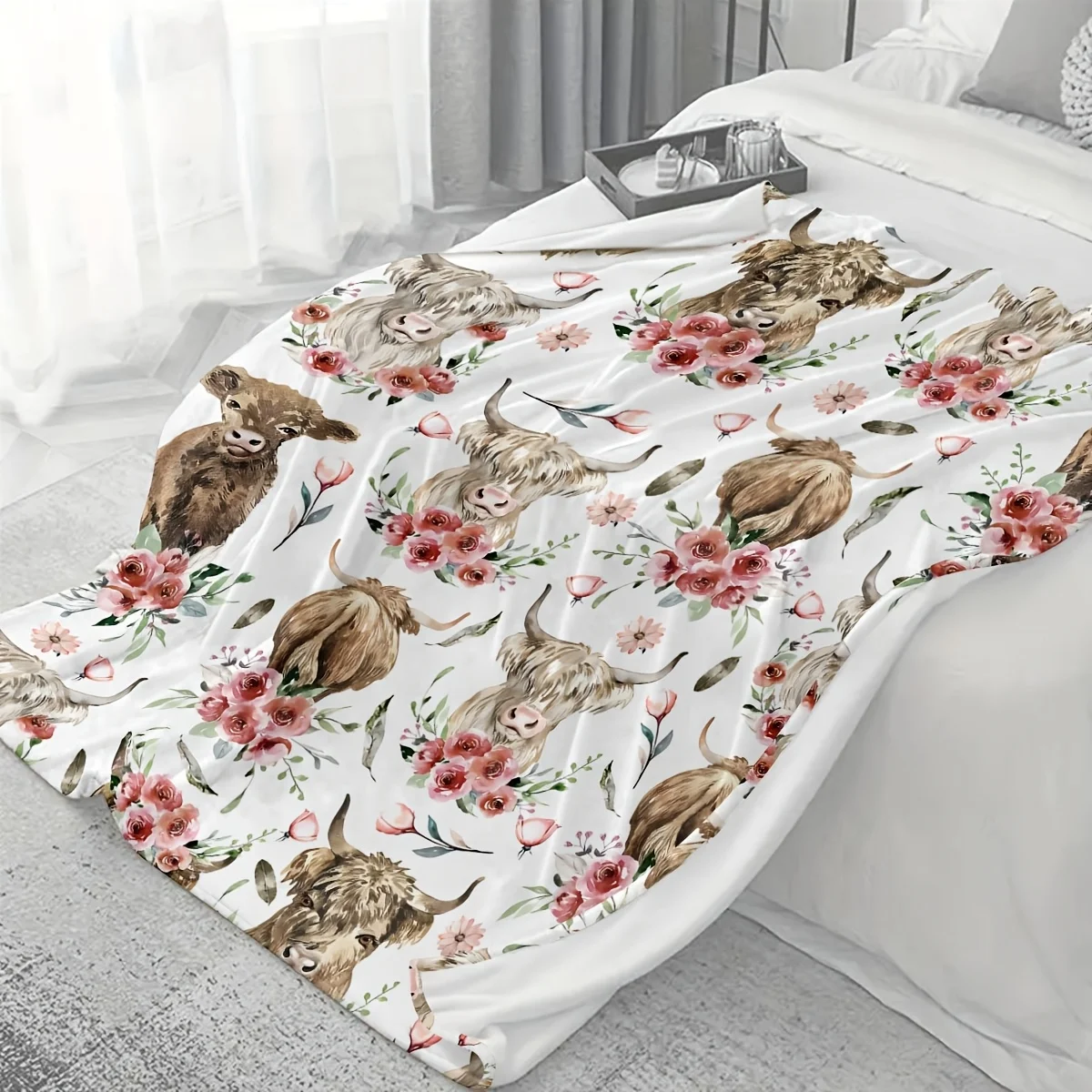 Highland Cow Bed Blanket Flannel Lightweight Soft Comfortable Blanket Bedding Supplies for Sofa Office Bed Camping Travelling 5