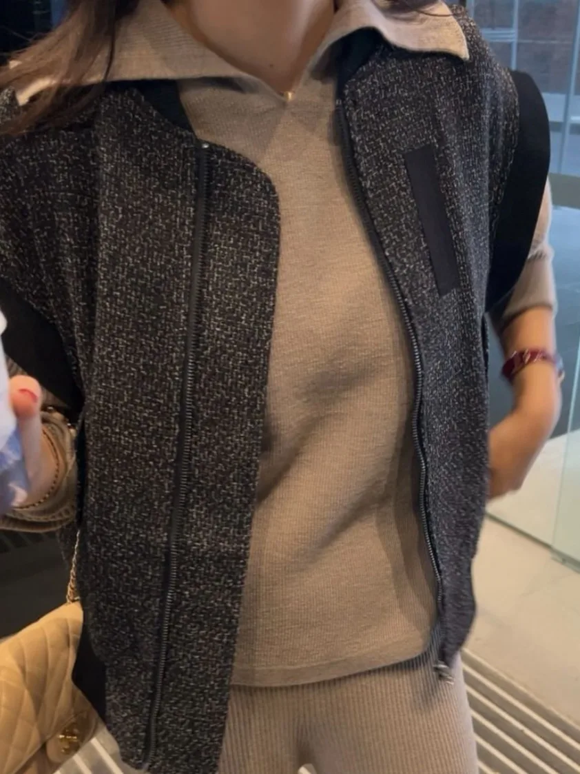 Chic Vintage ample décontracté texturé fermeture éclair gilet haut femmes Faion automne vêtements d'extérieur petit col montant polyvalent extérieur Jaet