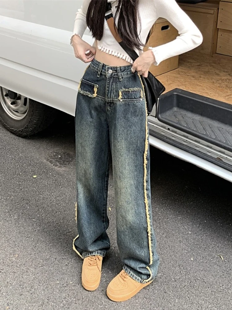 

Джинсы с потертым подолом в стиле ретро, женские джинсы, осень 2024, модные повседневные тонкие прямые широкие длинные брюки с высокой талией