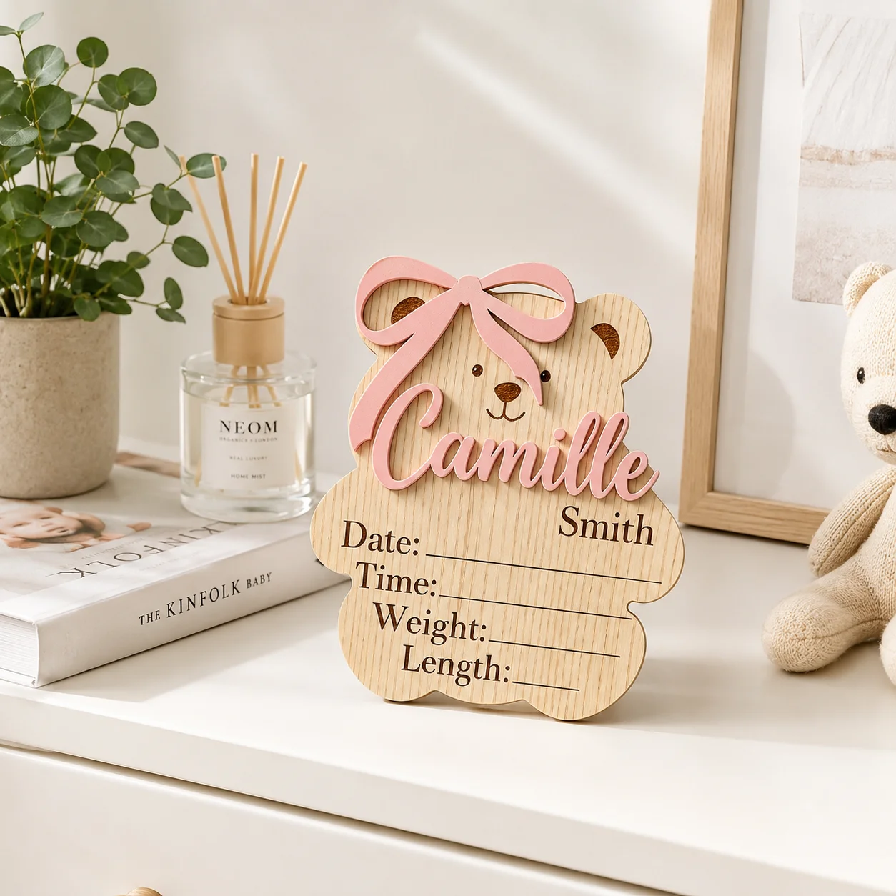Custom Bear Shaped Baby Birth Announcement Wooden Name Plaque,Newborn Photo Prop,Girls Nursery Decor,Baby Shower Keepsake Gift