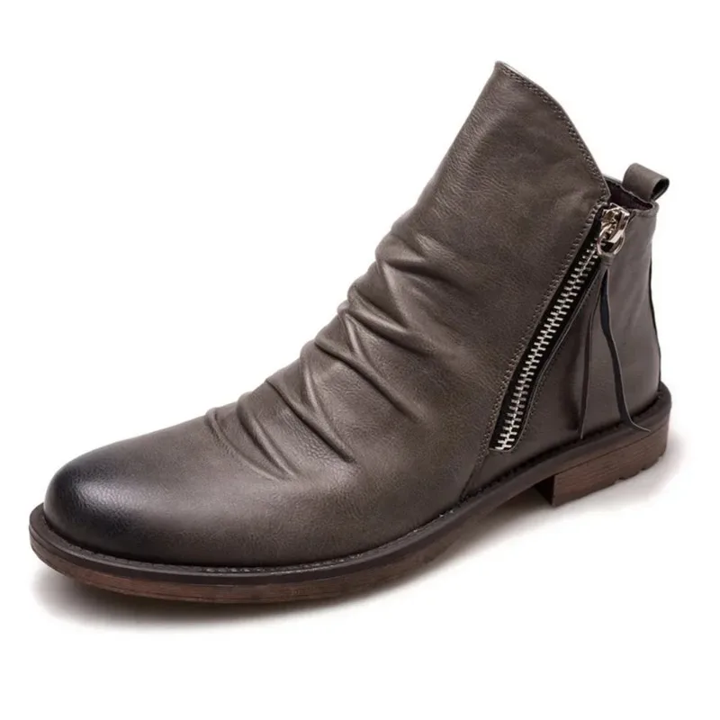 Men Leather Chelsea Boots Spring Autumn Double Zipper Ankle Boots Men Anti-skid Motorcycle Boots Fashion High-top Tassel Shoes