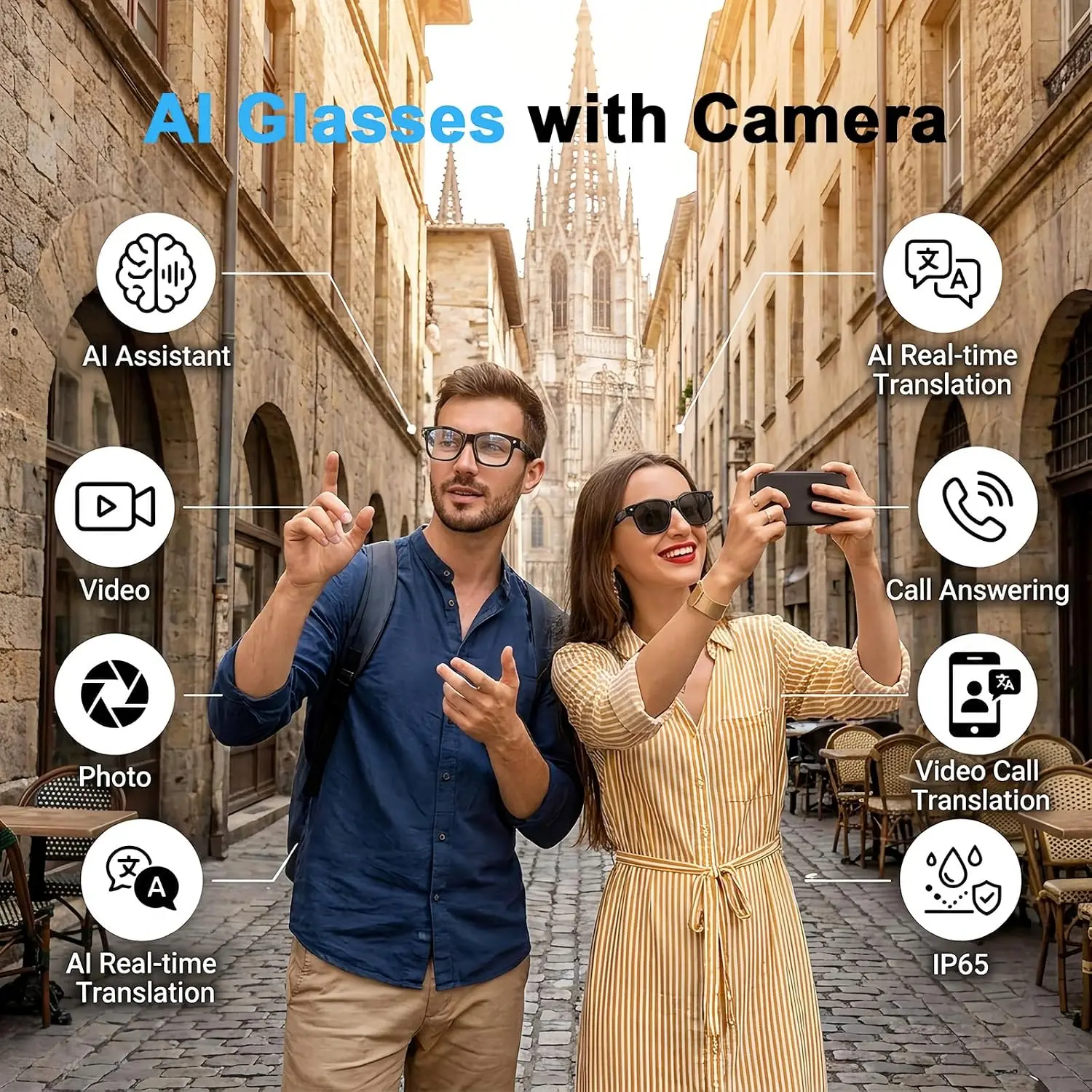 AI Smart Glasses with Camera 8MP HD Camera Glasses for Women Men 1080P Video Recording Sunglasses Voice Assistant Travel Work
