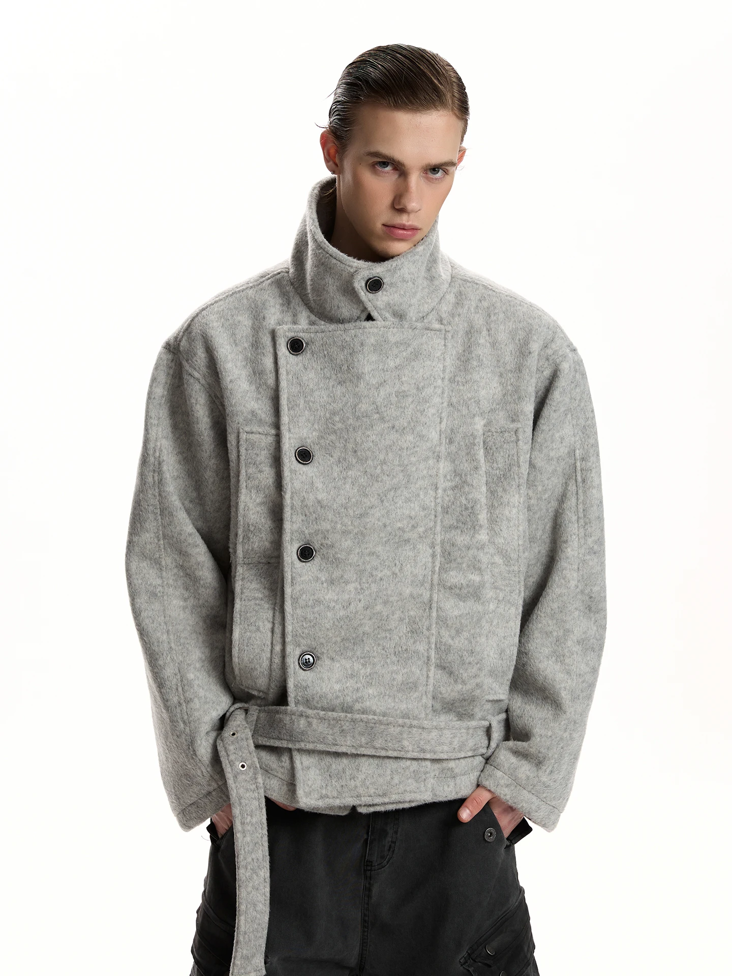 

a PUEE American Retro Wool Blend Tweed Button Stand Collar Jacket Loose Belted Outerwear for Commuting And Daily Wear