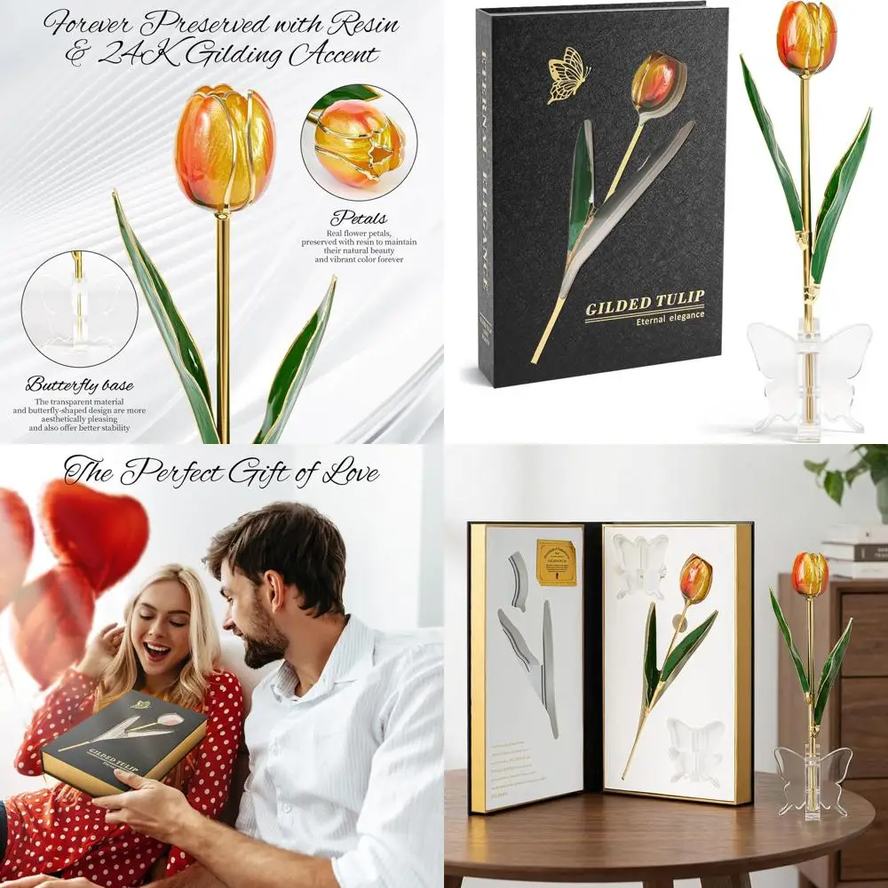 

Настоящий тюльпан из 24-каратного золота с янтарным сиянием, подарочная коробка и подставка, идеально подходит для неё, жены, мамы, на день рождения, годовщину.