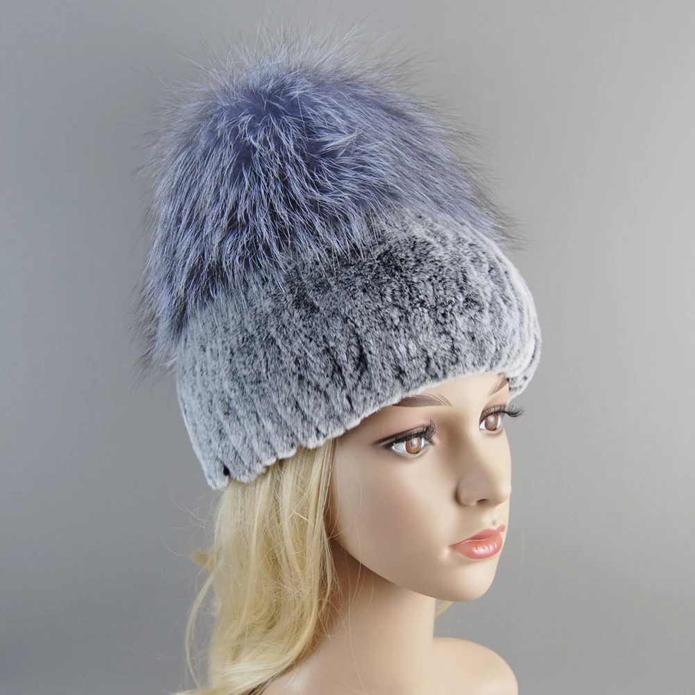 Hot On Sale Women Winter Female Genuine Fur Hats Knitted Real Rex Rabbit Fur Hat Good Elastic Natural Fluffy Silver Fox Fur Caps