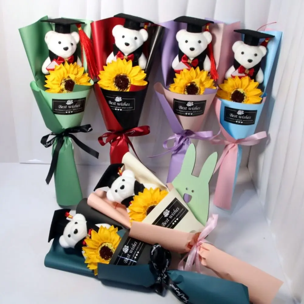 

New Cute Graduation Bear Bouquet Plush Toy Stunning Sunflower Soap Bouquet Gift Cartoon Lovely Bear Teacher's Day