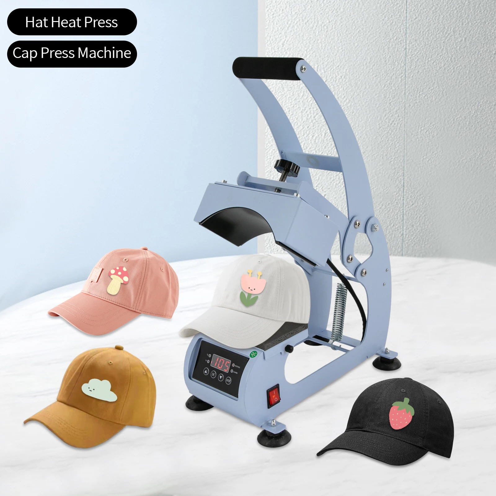 

2-in-1 Light Blue Safe Hat Heat Press Machine W/ Timer & Digital Control - Lightweight & Portable for DIY, Gifts, and Business