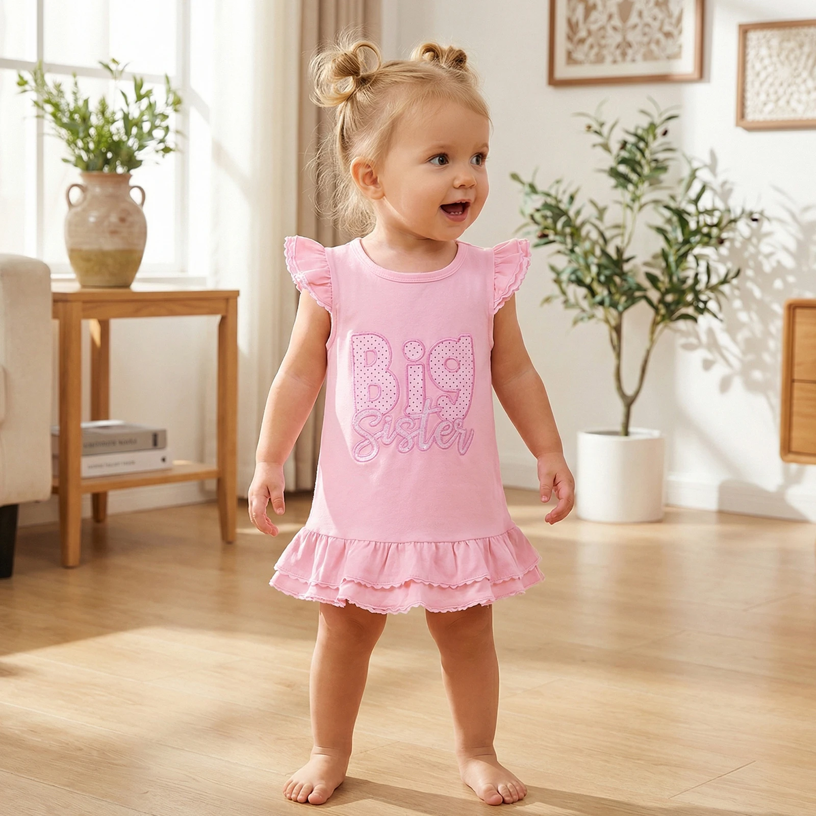 1-5Y Girls Casual A-line Dress Sweet Fly Sleeve Crew Neck Embroidery Letters Summer Girls Dress for Casual Daily