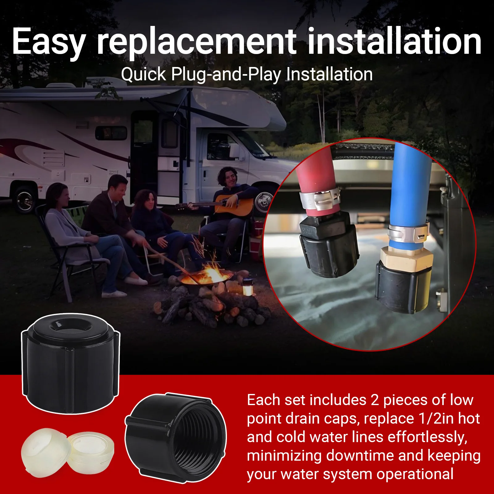 2 Pcs Brand New Low Point Drain Seals and Black Plastic Caps For RV Camper Travel Trailer - 1/2 Inch Hot & Cold Water Pipe Line