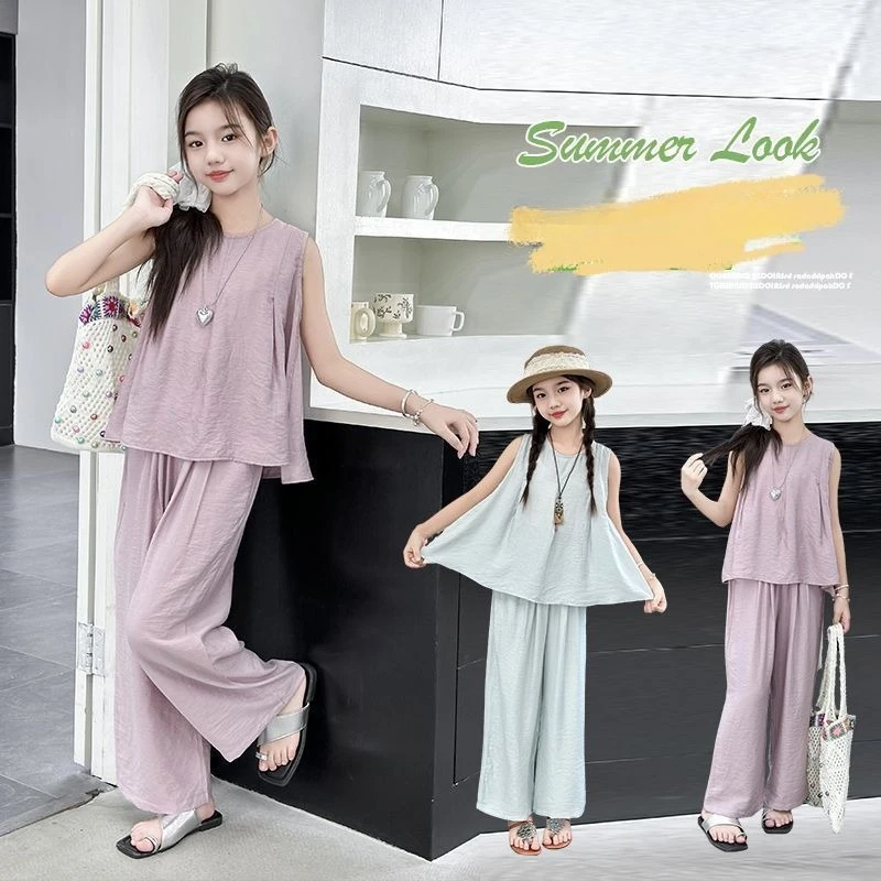 Girls Suits 2026 Summer Comfortable Sleeveless Outfits Vest + Wide Leg Pants 2Pcs Kids Set Casual Children Clothes Tracksuit 12T
