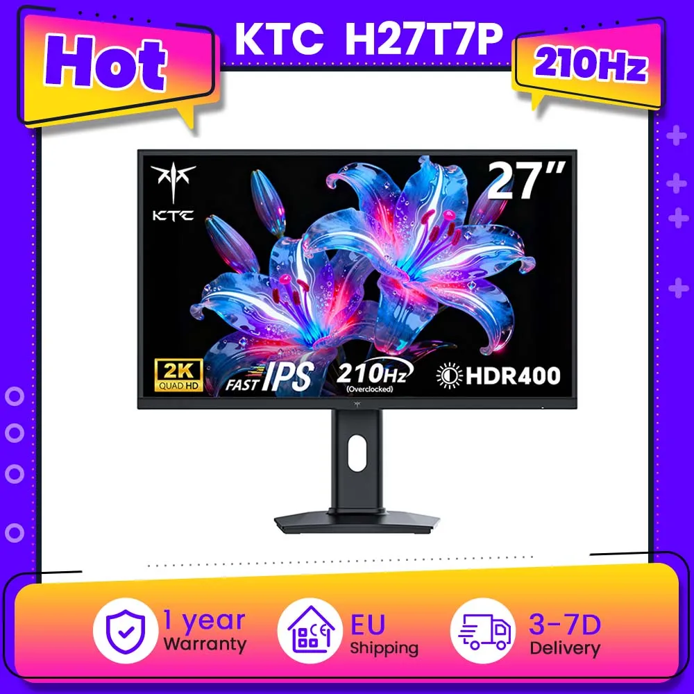 Monitor para juegos KTC H27T7P-2 Fast IPS de 27 pulgadas, 2560×1440 QHD, 200 Hz, hasta 210 Hz, tiempo de respuesta MPRT de 1 ms, sincronización adaptativa avanzada y HDR400