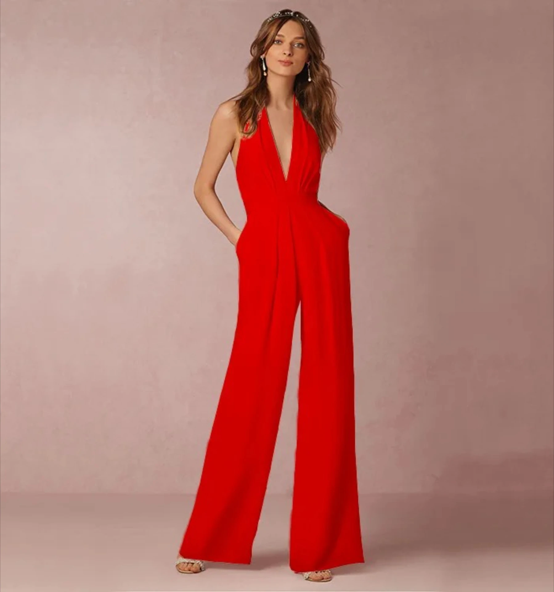 Jumpsuits Vrouwen Sexy Speelpakjes Diepe V-hals Mouwloos Halter Hals Backless Hoge Taille Wijde Pijpen Jumpsuit Elegant Feestbanket