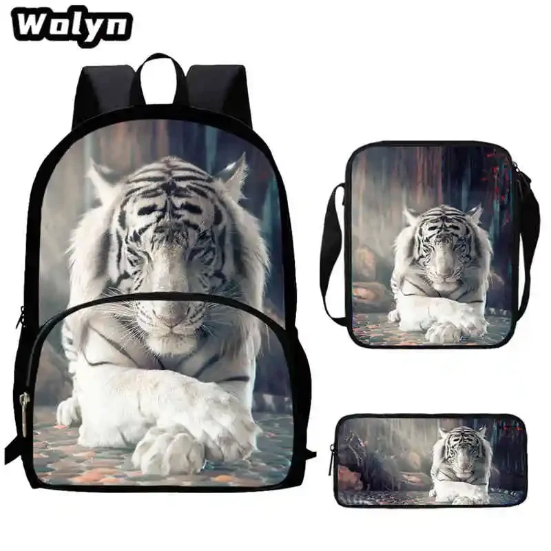 3PCS Set 3D Tiger Print School Backpack ,Shoulder Bags ,Pencil Case for 5-10 years old,Large Animal Prints School Bags for Boys