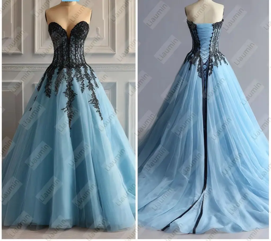 

Синий тюль и черная кружевная аппликация без бретелек длиной до пола, вечернее платье для выпускного вечера, свадебное торжественное платье на шнуровке сзади, индивидуальный заказ A7-1,87