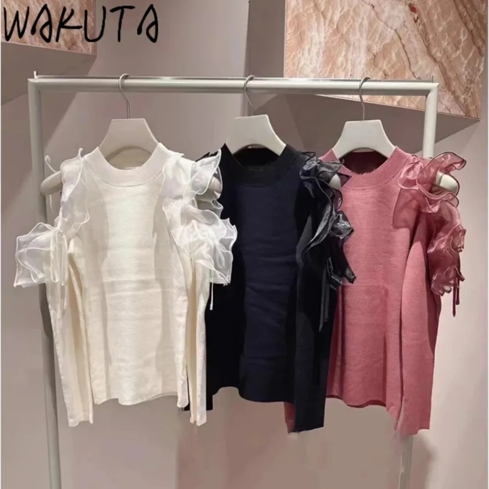 Wakuta O Neck Butterfly Sleeve Sweet Solid Jumper Casual Fungus Elegant Shoulder Strapless Sweaters Japan Voile Knit Moda Tops