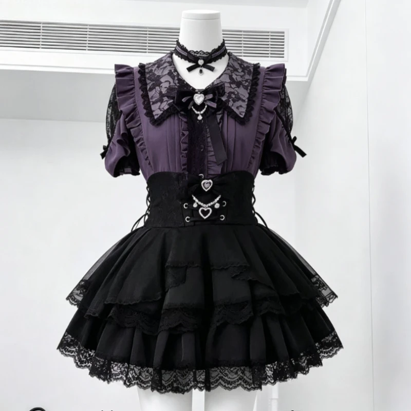 Japanese Y2K Lolita Two Piece Skirt Suit Women Sweet Slim Fit Tops High Waist Pleated Mini Skirt Korean Trendy Daily Outfit Set image 5