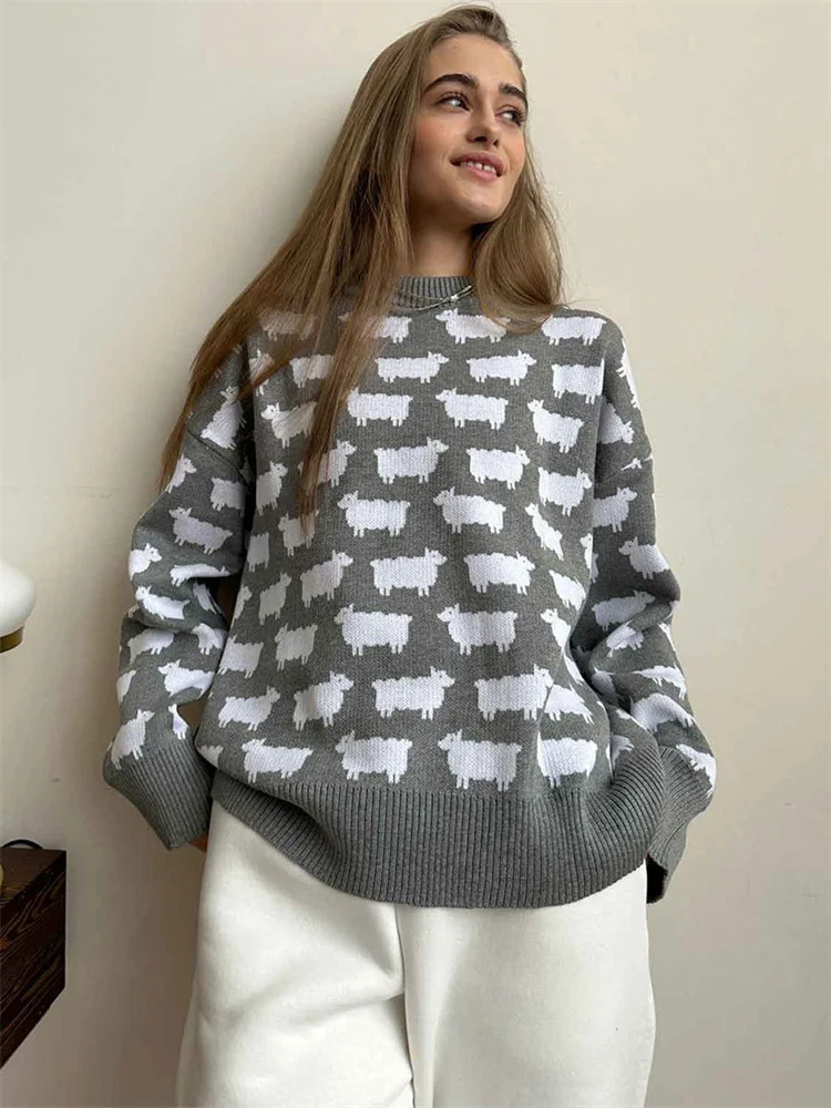 Tossy Knit Printed Sweater Pullover For Women Women\'s Loose Fashion Long Sleeve Patchwork Elegant Knitwear Top Female Pullover