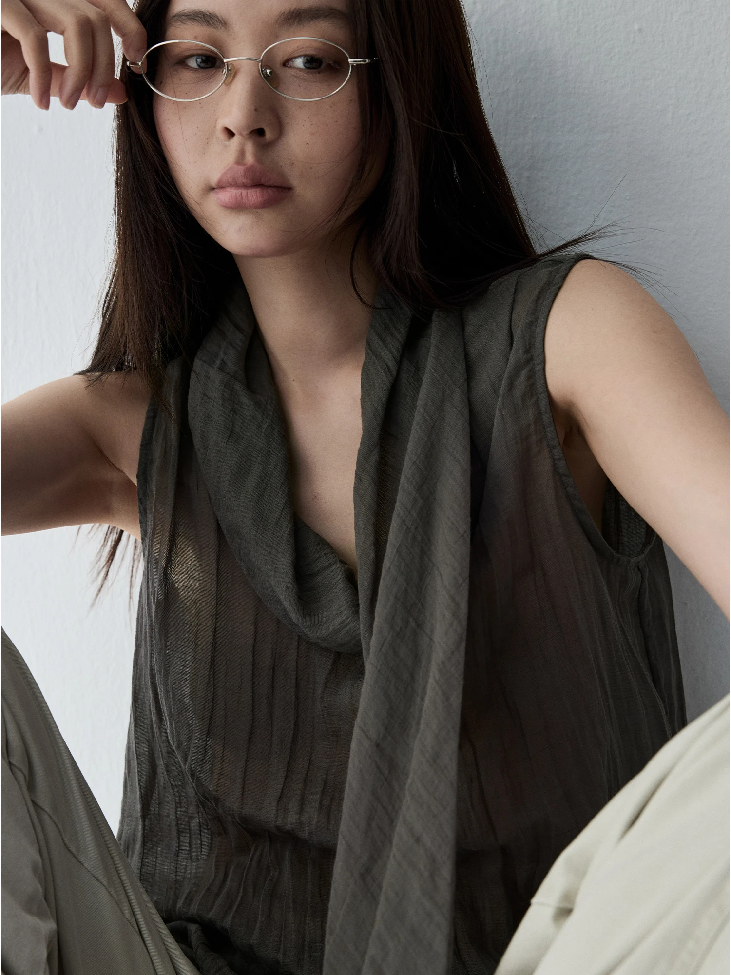 HaveRice Restaurant Grey Draped Vest Mixed Linen Fabric Sash Small Flounce Sleeveless Top Women's Loose Fit Summer Outerwear