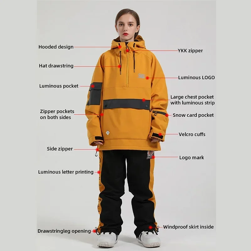 2025 Ski Suit Winter Warm Windproof Waterproof Snowboarding Suit Sports Female Male Reflective Ski Hoodie Snow Jacket Pants Sets