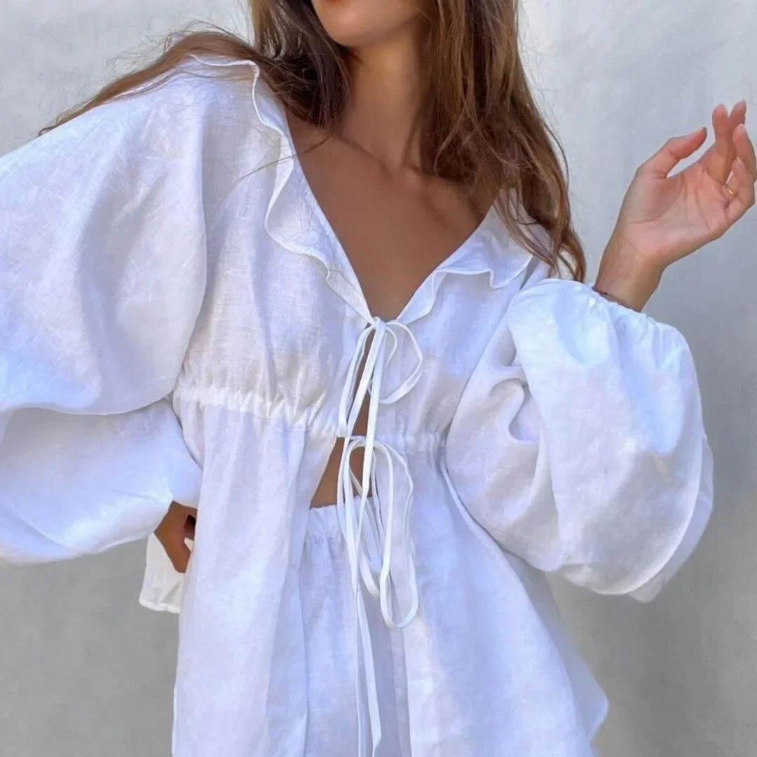 Casual New Fashion Cotton and Hemp Set V-neck Bubble Sleeve Top Shorts Two Piece Set