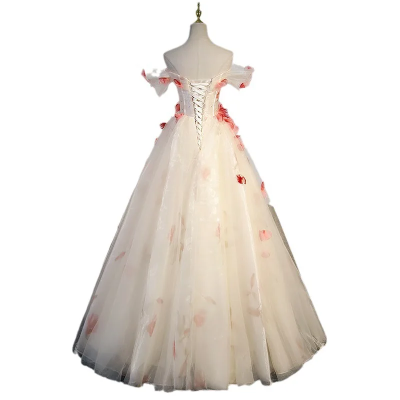 Women's One Shoulder Three-dimensional Petal Mesh Strapless Light Wedding Dress Long Skirt Fashionable Niche Host Evening Dress