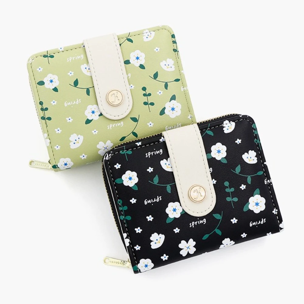 

Floral Printed Short Card Bag Korean Style PU Leather Double Fold Wallet Multi-card Slot Multi-functional ID Card Holder Daily