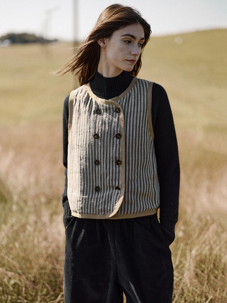 

ZBWY Original Design Double-Sided Wear Cotton Sun-Heated Vest Khaki Thiened Commute Sle round Ne No-Sve Jaet