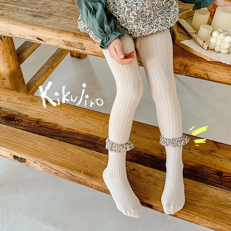 Solid Tone Pantyhose For Lovely Girls Decorated With Delicate Tiny Floral Lace Fringe On Ankle Comfort Moderate Stretch Leggings