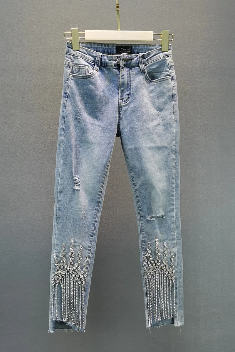 Imagem -04 - Verão Fino Recortado Jeans Feminino Estiramento Fino Cintura Alta Denim Calças Femme Strass Borla Calças Magras na Moda 2023 Roupas