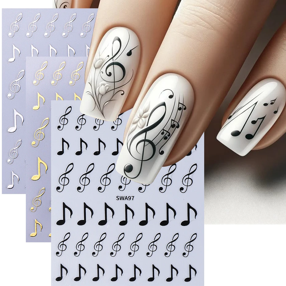 3pcs Musical Notes Nail Stickers 3D Black Gold Silver Symbols Design DIY Y2K Metallic Holographic Gel Polish Sliders Nail Decor