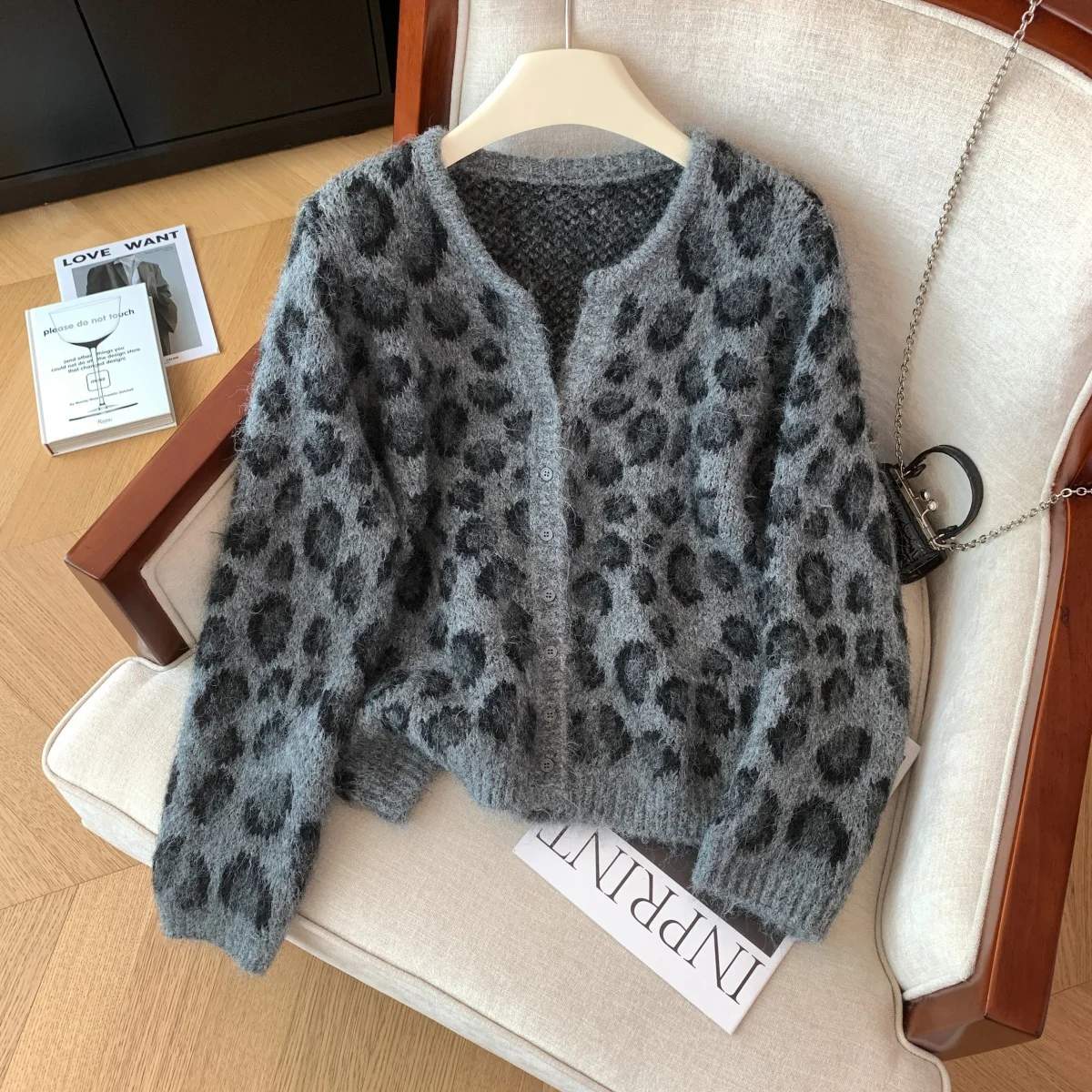 Suéter Cárdigan Abierto con Estampado de Leopardo, Estilo Americano, Hoado, de Punto, para Mujer, Diseño Otoño-Invierno, To...