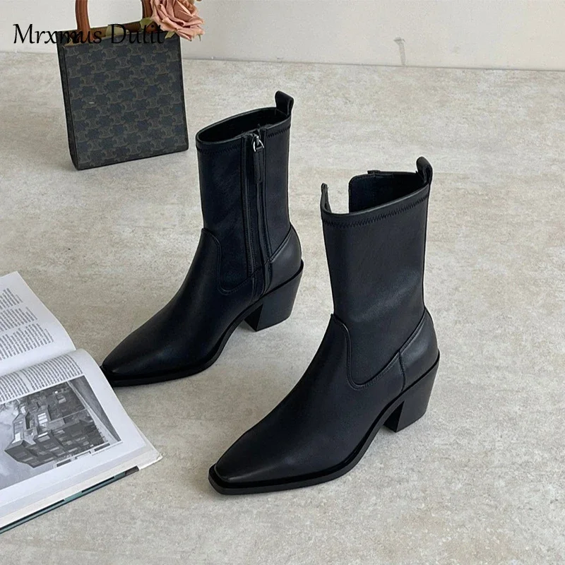 Mrxmus Dutit 2024 Women New Autumn Winter Genuine Leather Rough Heel Pointed Head Boots Shoes Simple Fashion Shoes Female Chic