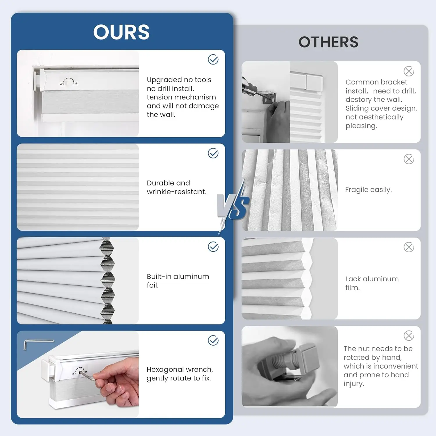 Hot Selling Modern Design No Drill Easy to Install Cordless Child Safe Stable Honeycomb Blinds for Windows