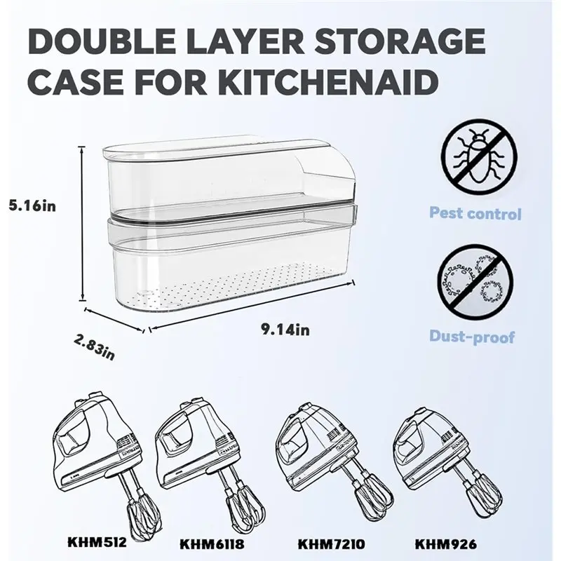 DT39 Hand Mixer Storage Case for KitchenAid KHM5/6/7/9, Double Layer Acrylic Transparent Organizer Box with Accessories Holder