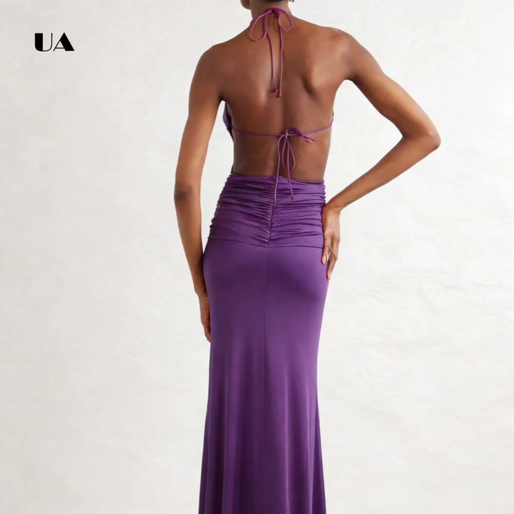 ULBYANRY Gerades Ballkleid aus gerafftem Satin mit Neckholder-Ausschnitt, solides ärmelloses Abendkleid, rückenfreies, individuelles Partykleid