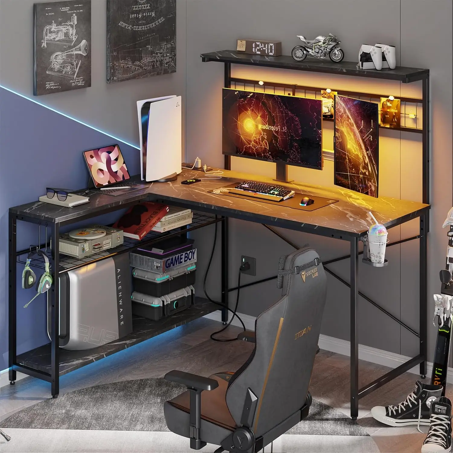 

Gaming Desk 51" L-Shaped, with Power Outlets & LED Lights- 4 Tier Shelves, Reversible Gamer Table with Hooks & Cup Holde