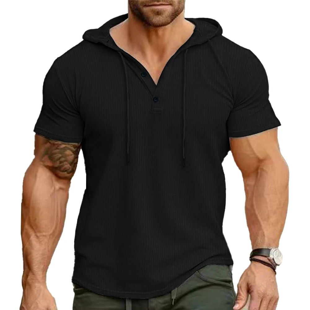 Comfy Fashion Hot New Stylish T Shirt Men Solid Color Top Button For Summer Hooded Short Sleeve Slight Stretch