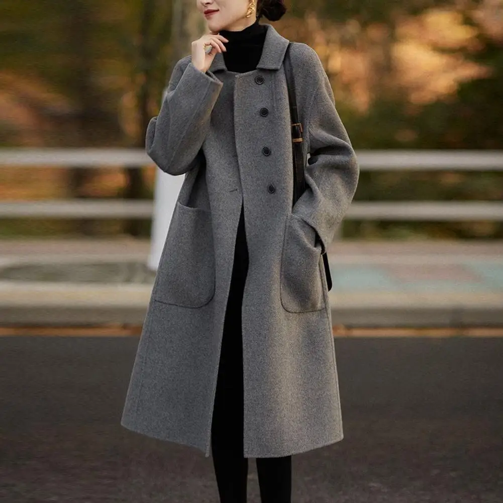 Women Fall Winter Overcoat Single-breasted Lapel Long Sleeve Coat Loose Thick Cardigan OL Commute Style Mid Length Lady Coat