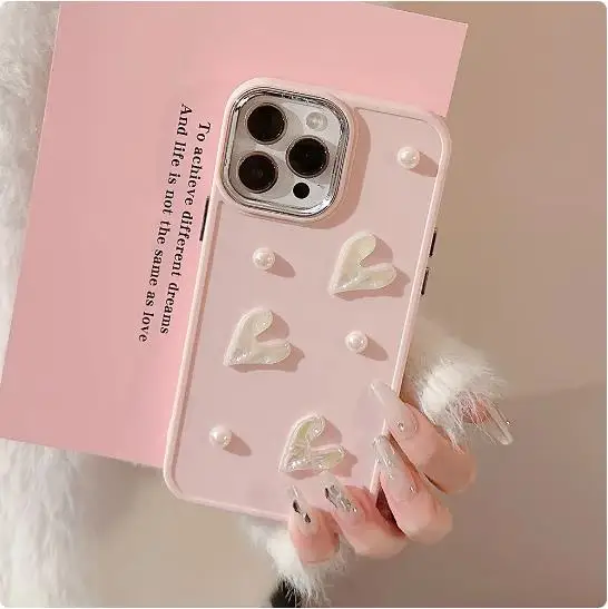 3D Cute Flower Pearl Heart Phone Case for Phone 15 14 13 12 11 Pro Max Plus XS XR X Shockproof Drop Protect Back Cover Luxury