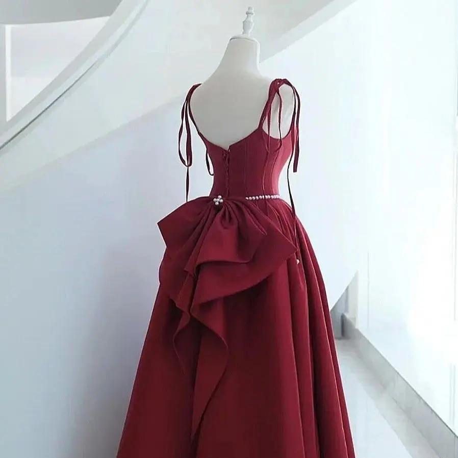 Burgundy Chinese Bride Wedding Dress Qipao Sexy Spaghetti Strap Beads Maxi Dress Elegnat A-Line Banquet Dress Formal Party Dress