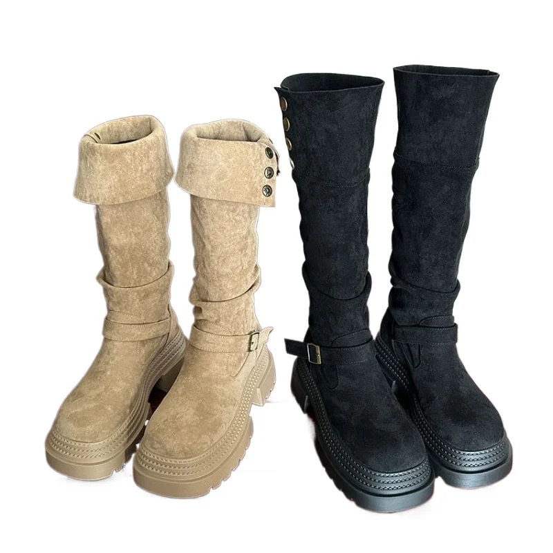 Vintage Suede Cowboy Knee High Boots for Women Fold over Button Slouchy Tall Khaki Black Chunky Platform Fashion Boots