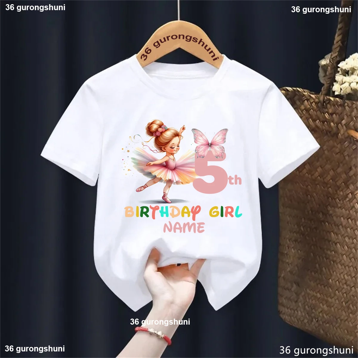 Custom Name 5th/6th/7th Birthday Girl Ballet Dance Butterfly Printed T Shirt Girls Kawaii Toddler Kids Clothes White T-Shirt