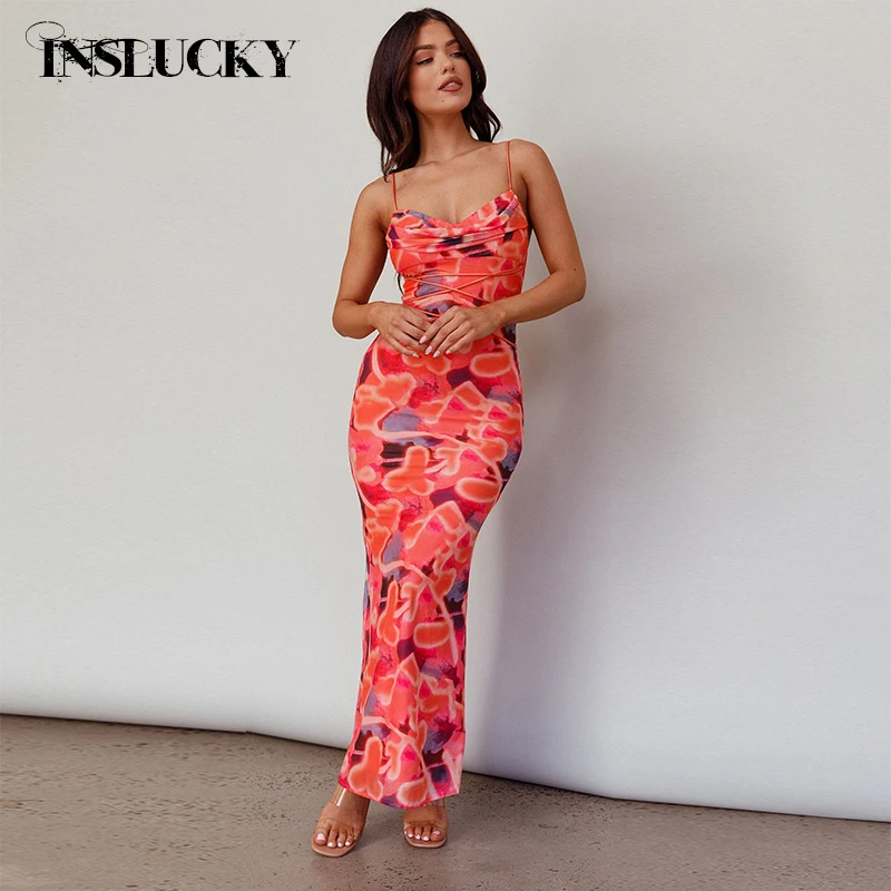 InsLucky Abstract Sorbet Crush Print Midi Dress Women Lace-up Waist Folds Cowl Neck Backless Zipper Camis Cocktails Dresses 2024