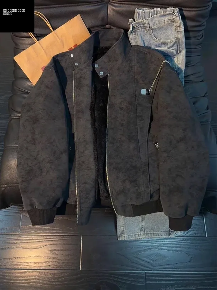 

Мужская зимняя куртка из искусственной кожи с эффектом окрашивания, утепленная хлопковой подкладкой, утолщенная, в американском стиле, с воротником-стойкой