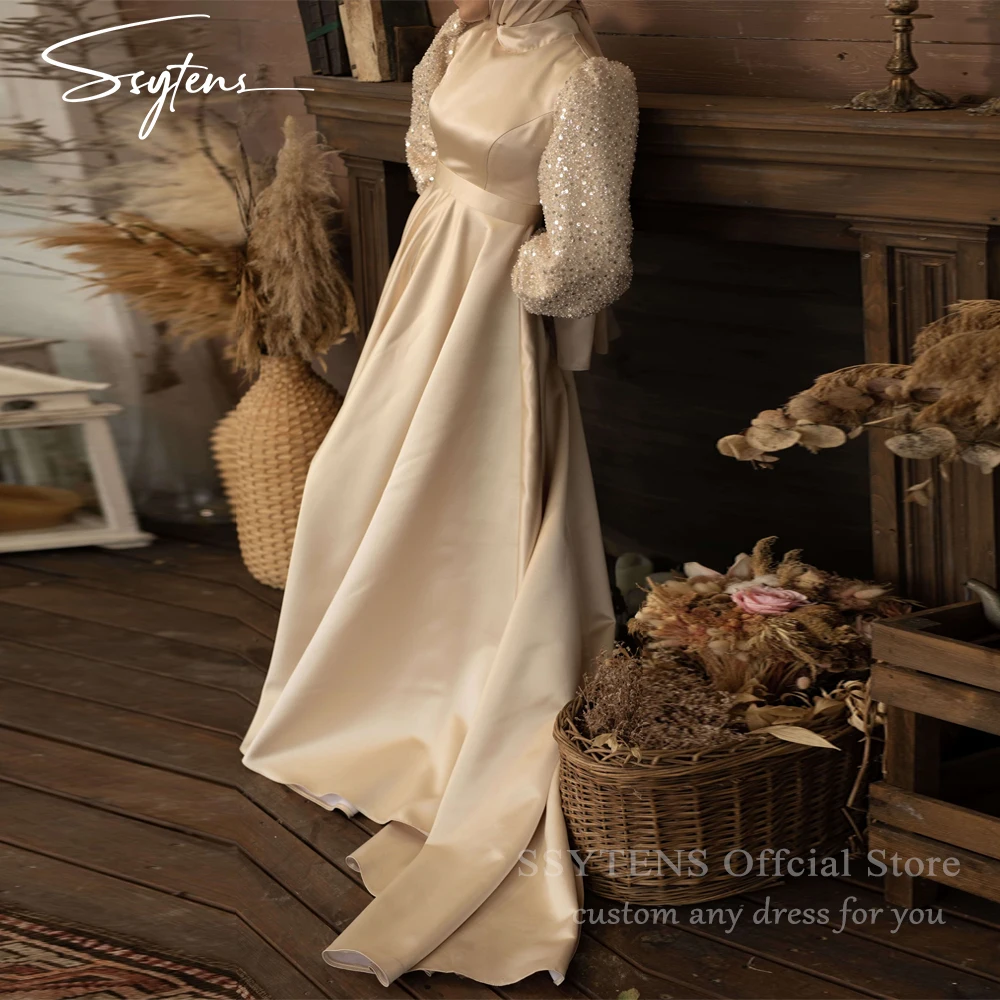 

SSYTENS Champagne Arabic Evening Dresses Long Sleeves Customized Stretchy Satin Wedding Party Dresses Mermaid Vestido De Noche