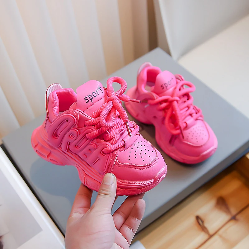 2023 New Girls Sneakers Cute Children Fashion Lace-up Kids Shoes Drop Shipping Non-slip Beige Rose Pink PU Spring Autumn Boys