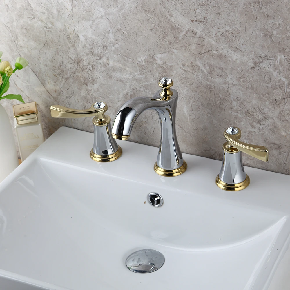 OUBONI Matte Black Golden Bathroom Faucet Deck Mount Stream 2 Diamond Handles Chrome Brass 3 Pcs Bathtub Basin Mixer Tap Faucet