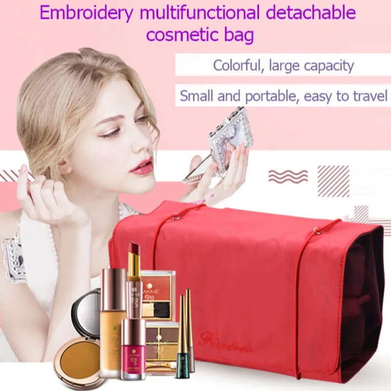 กระเป๋าที่จัดระเบียบเครื่องสำอางอเนกประสงค์ปักลายแบบใหม่กระเป๋าเดินทางกระเป๋าเครื่องสำอางความจุเยอะถอดออกได้4ช่อง