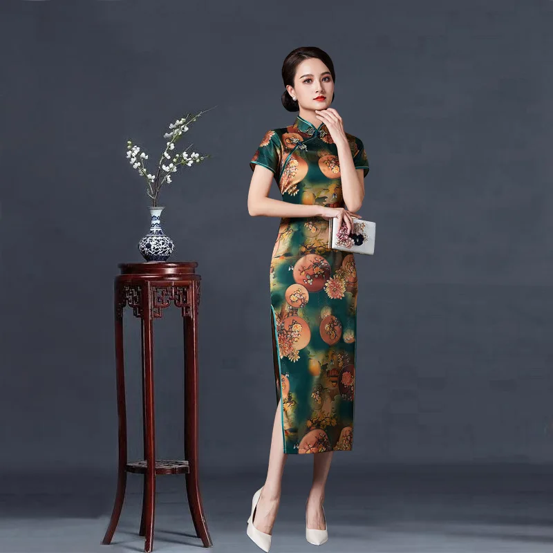 2023 New Vintage Long Cheongsam Women Sexy Slim Split Qipao Classic Chinese Traditional Dress Print Flower Evening Party Dress