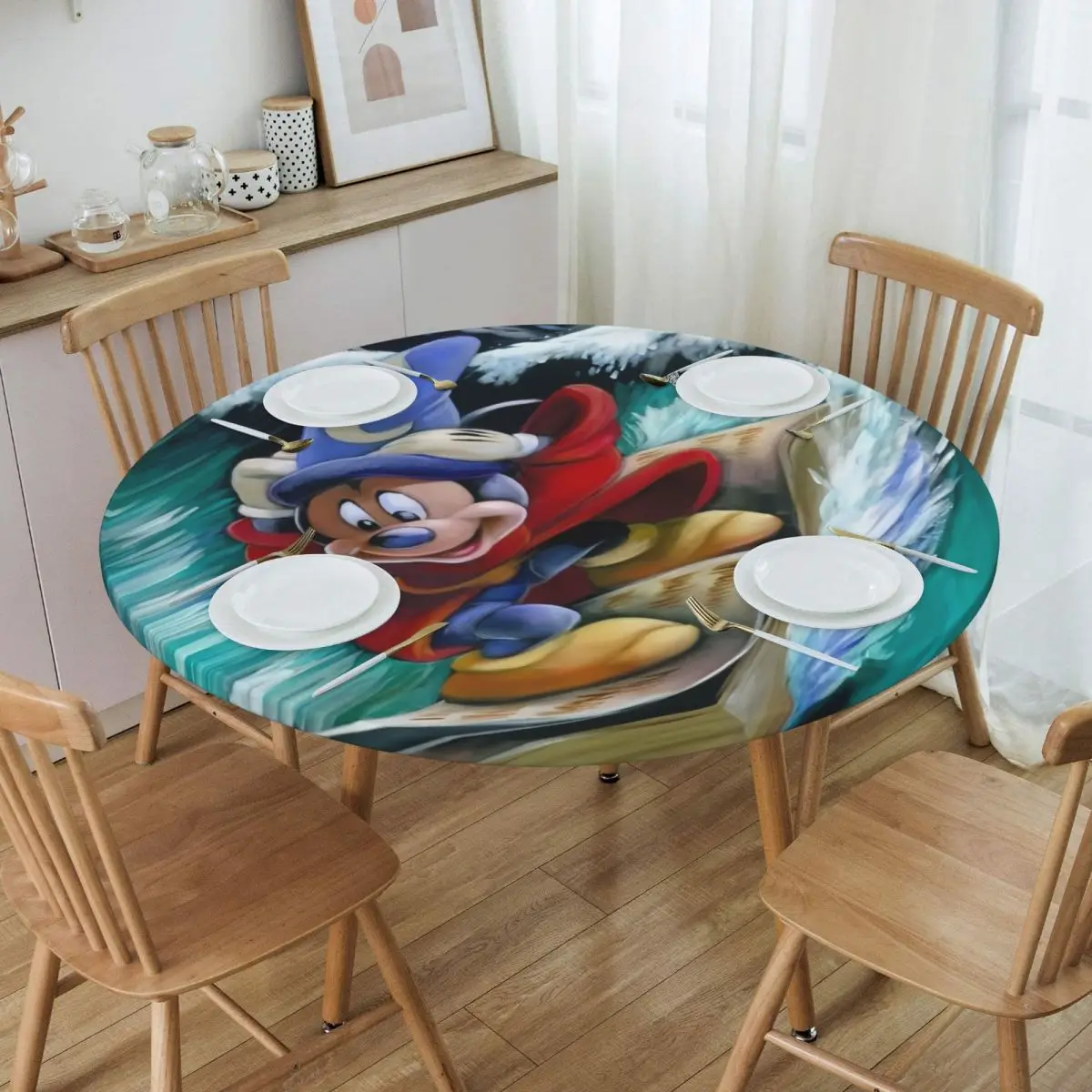 Round Fitted Fantasia Movies Mickey Mouse Anime Music Table Cloth Waterproof Tablecloth Table Cover Backed with Elastic Edge